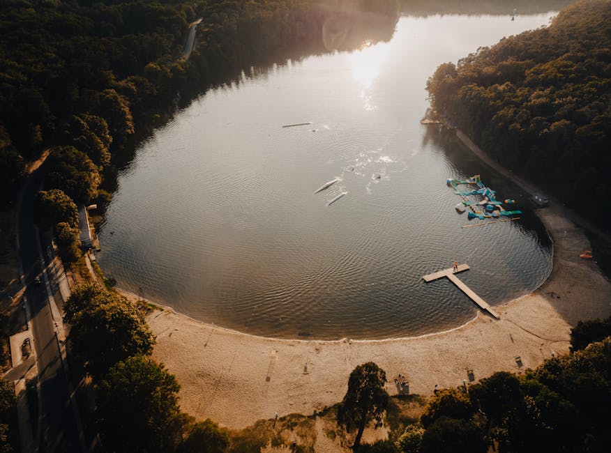 An aerial view of a small, semi-circular beach area bordered by lush, green trees and a winding road on the left side. The beach features light-colored sand leading into calm, reflective water that oc